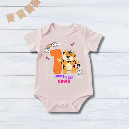 Infant monthly birthday 12 Months of Baby Tiger _ Customized name Pink Onesie