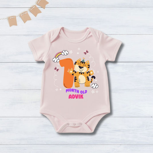 Infant monthly birthday 12 Months of Baby Tiger _ Customized name Pink Onesie