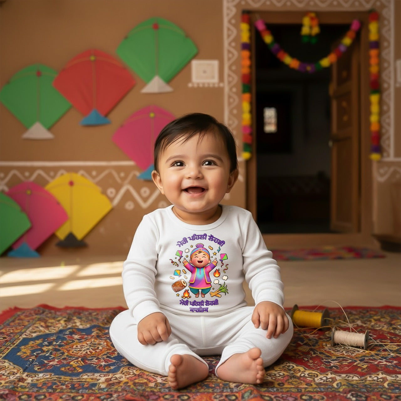 My First Lohri With Familyi In Panjab With Customized Baby Name _Full White Romper