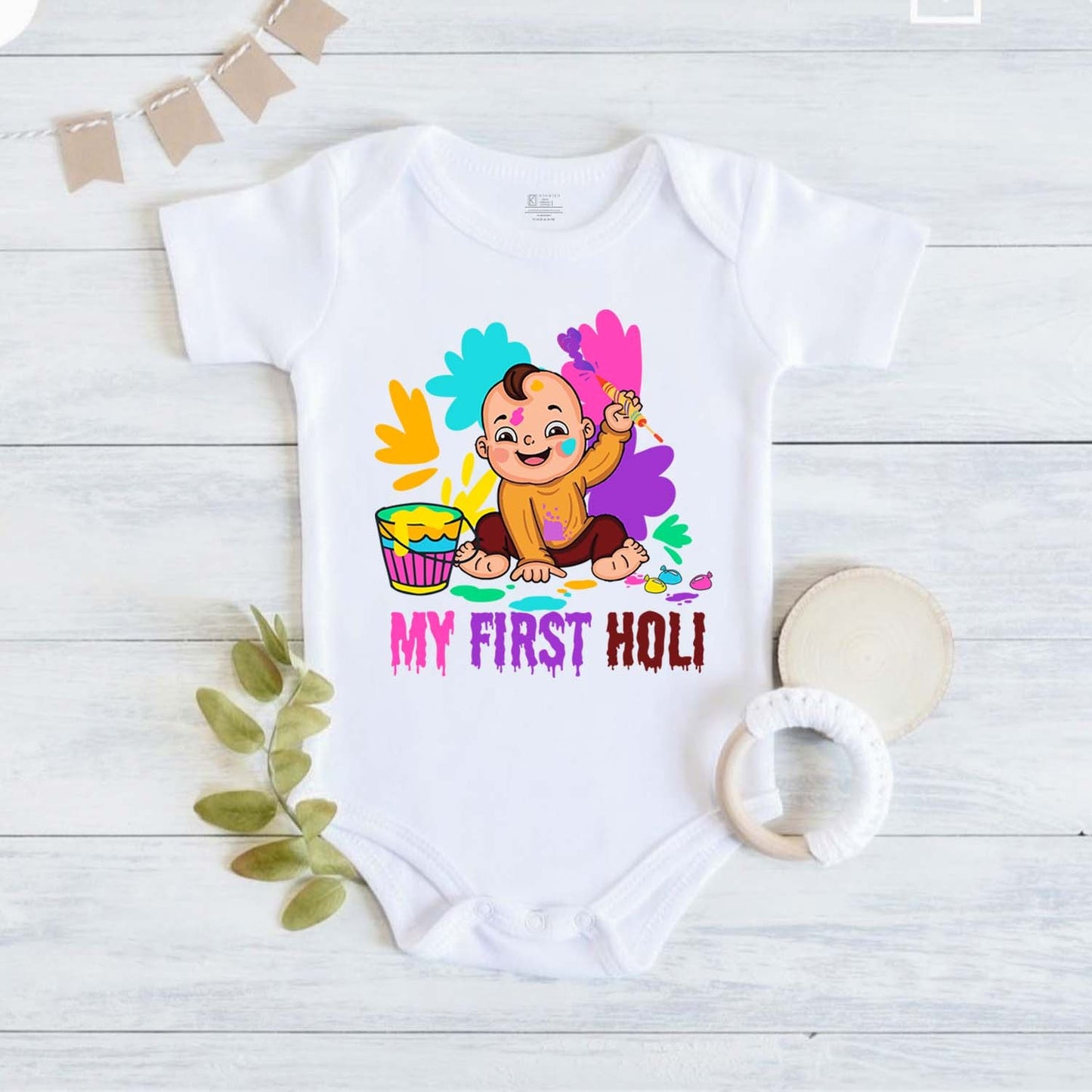 New Born & Baby Clothing | Baby My First Holi White Onesies | Soft Cotton