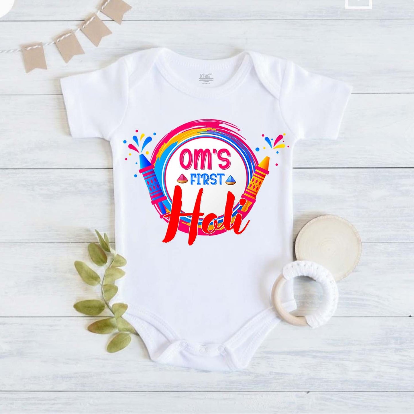 New Born & Baby Clothing | Baby My First Holi Dress with Customized Baby Name White Onesies | Soft Cotton