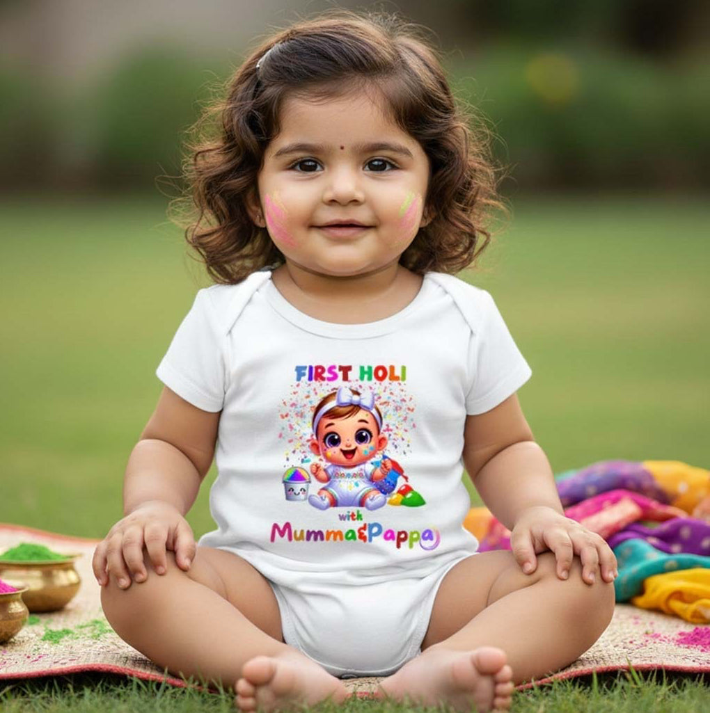 New Born & Baby Clothing | Baby My First Holi With Mumma & Pappa Dress | Soft Cotton