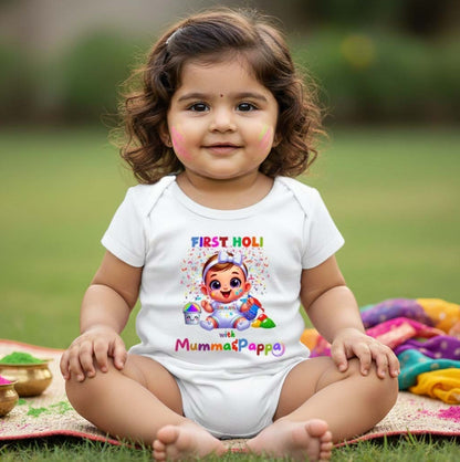 New Born & Baby Clothing | Baby My First Holi With Mumma & Pappa Dress | Soft Cotton