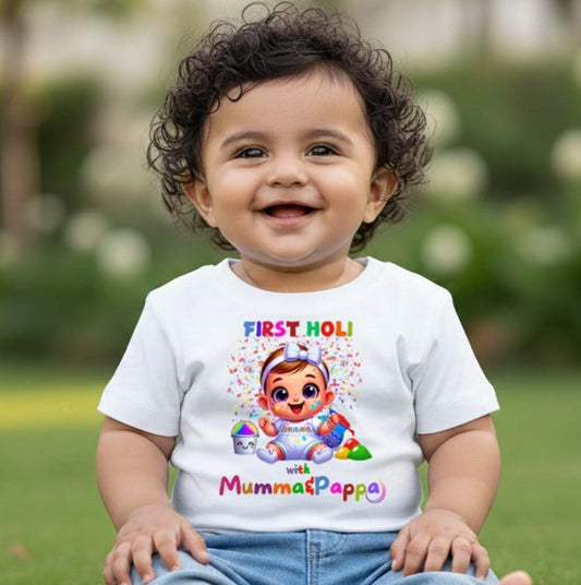 New Born & Baby Clothing | Baby My First Holi T-shirt With Maama & Pappa | Soft Cotton