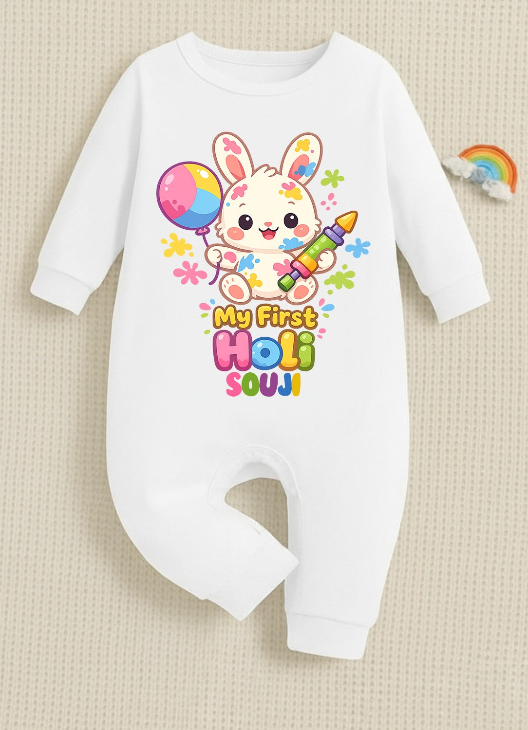 New Born & Baby Clothing | Baby My First Holi With Customized Baby Name | Soft Cotton White Romper