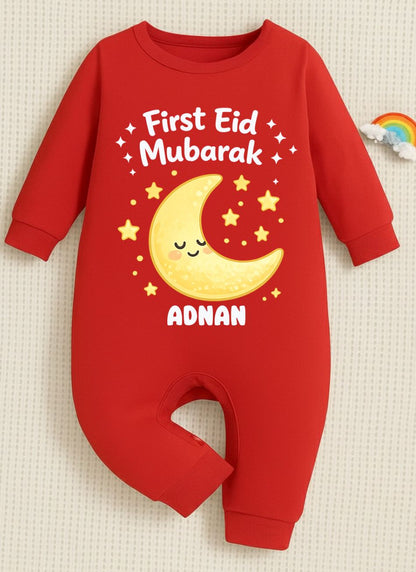 Newborn & Baby Clothing | Baby First Eid Mubarak Red Romper With Personalized Baby Name | Soft Cotton