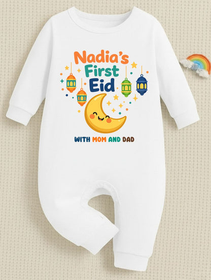 Newborn & Baby Clothing | Baby First Eid With Mom & Dad  White Romper With Personalized Baby Girl Name | Soft Cotton