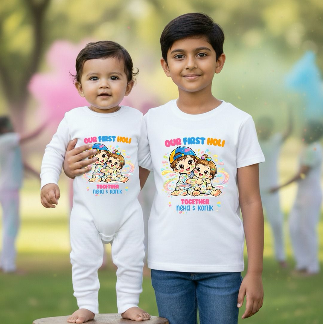 New Born & Baby Clothing | Our First Holi Together Siblings Younger Sister & Elder Brother Twinning Holi Outfits With Customized Baby Name | Soft Cotton