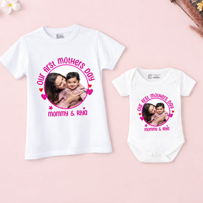 First Mother's Day With Customized Baby Name Along With The Customized Image White T-shirt