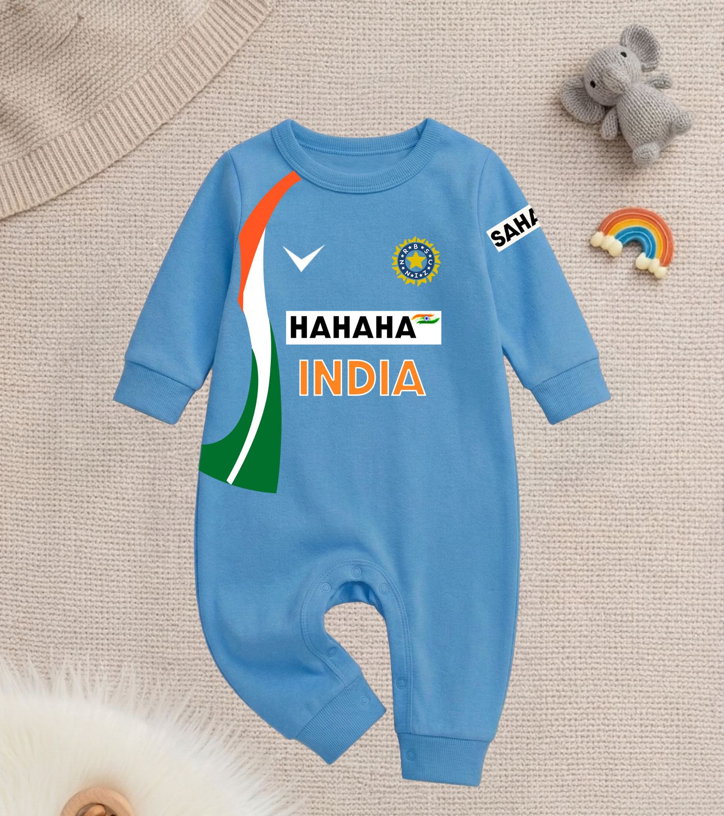 Newborns & Infants | Cute Indian Jersey Baby Photoshoot Outfit With Customized Baby Name Blue Full | Soft Cotton
