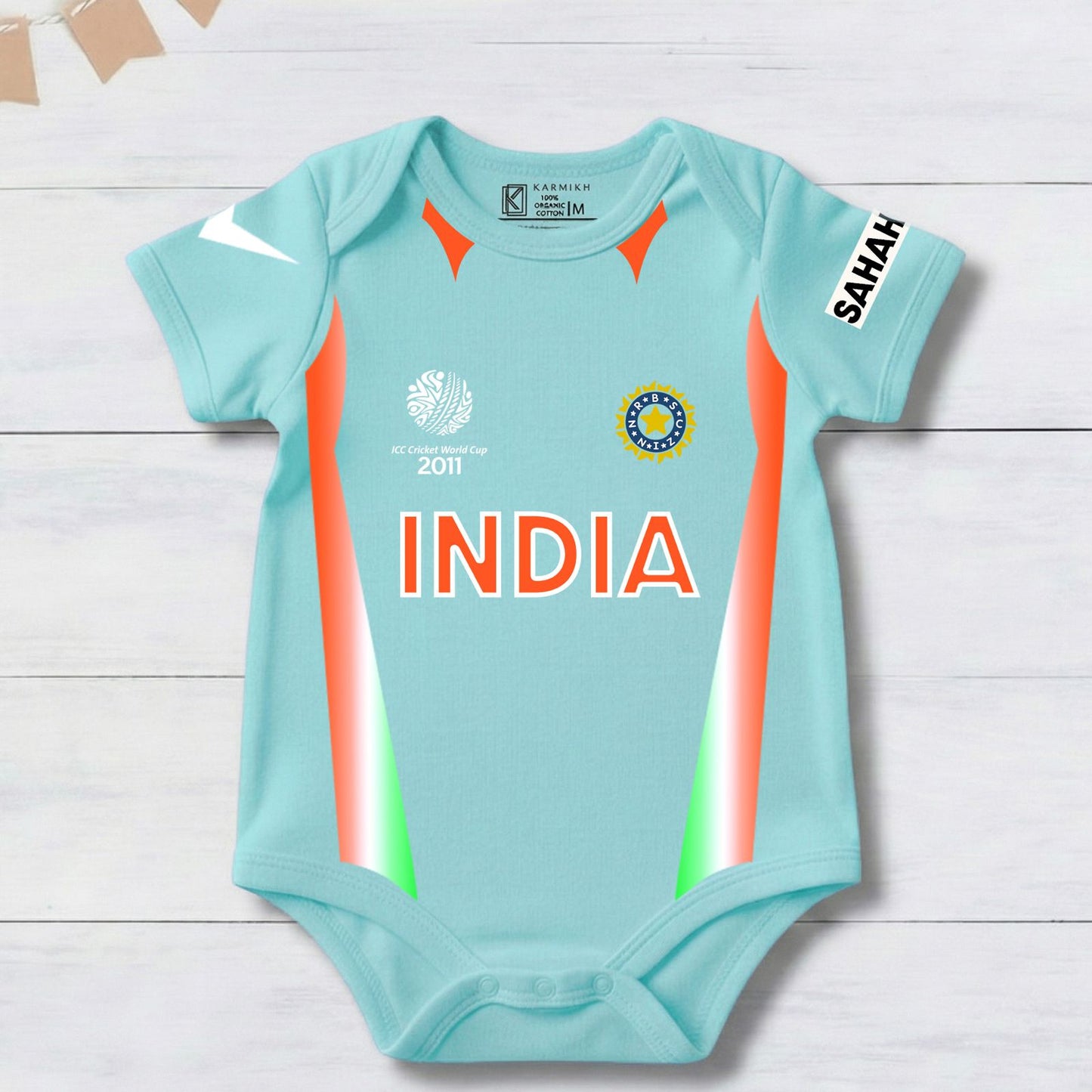 New Born & Baby clothing | Cricketer Baby Photoshoot Outfit for Baby with Customized Baby Name Printed | Soft Light Blue jersey Cotton