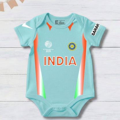 New Born & Baby clothing | Cricketer Baby Photoshoot Outfit for Baby with Customized Baby Name Printed | Soft Light Blue jersey Cotton