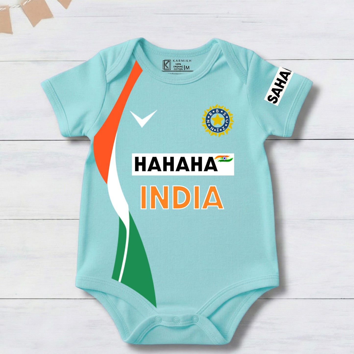 New Born & Baby clothing | Cricketer Indian jersey Inspired Baby Photoshoot Outfit for Baby with Customized Baby Name Printed | Light Blue Soft Cotton