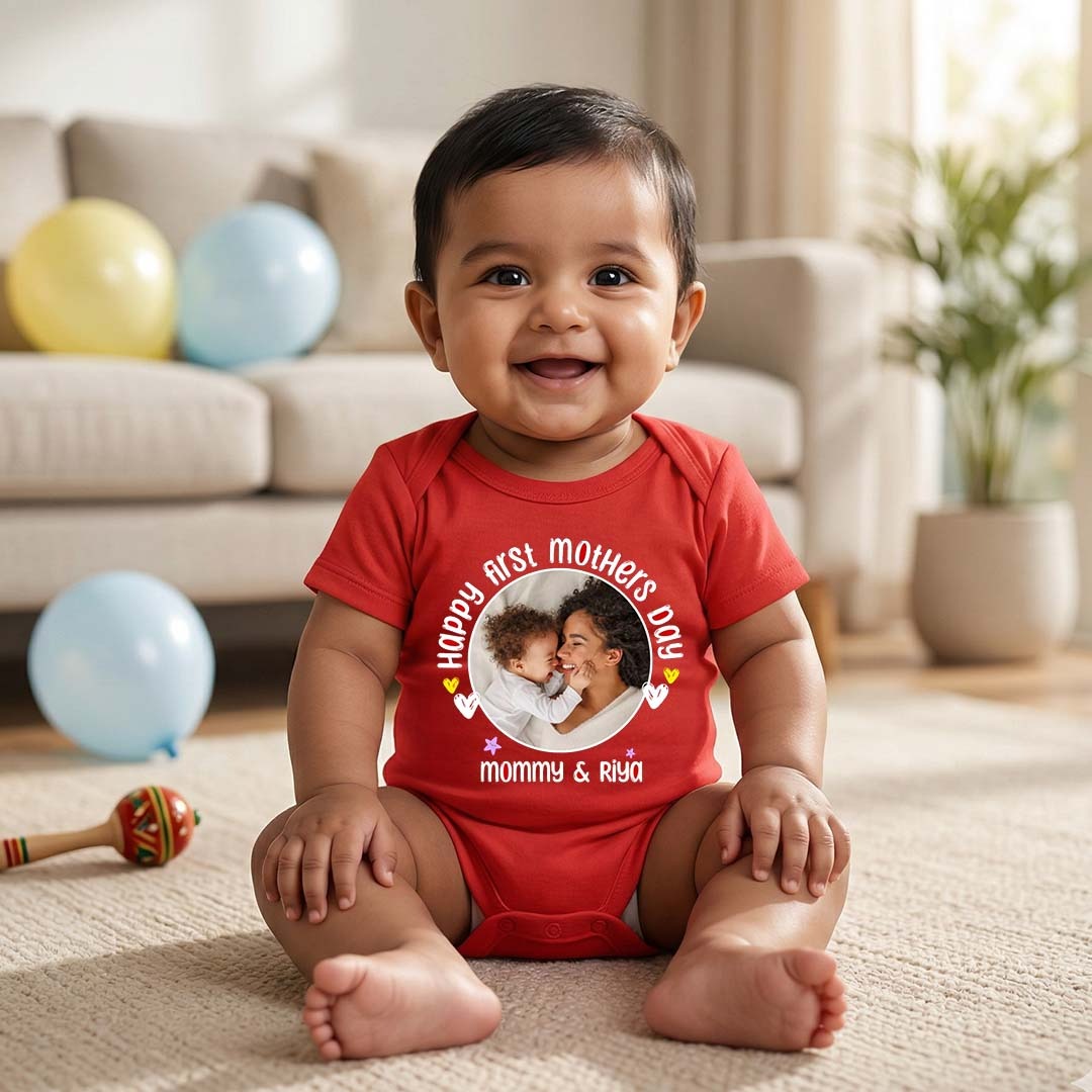 Happy First Mothers Day with baby picture and name _red onesie