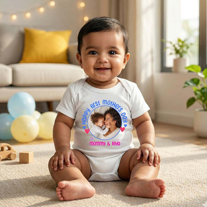 Happy First Mothers Day with baby picture and name _white onesie