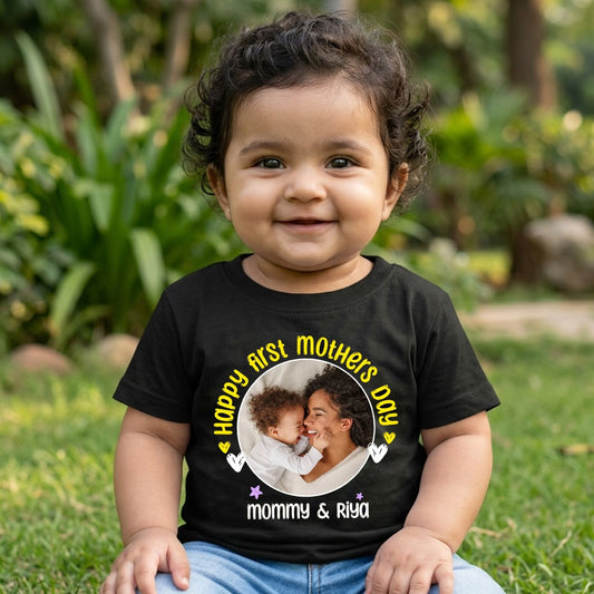 Happy First Mothers Day with baby name _ black t-shirt