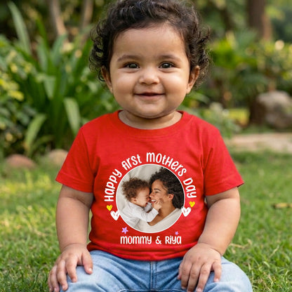 Happy First Mothers Day with baby name _ red t-shirt