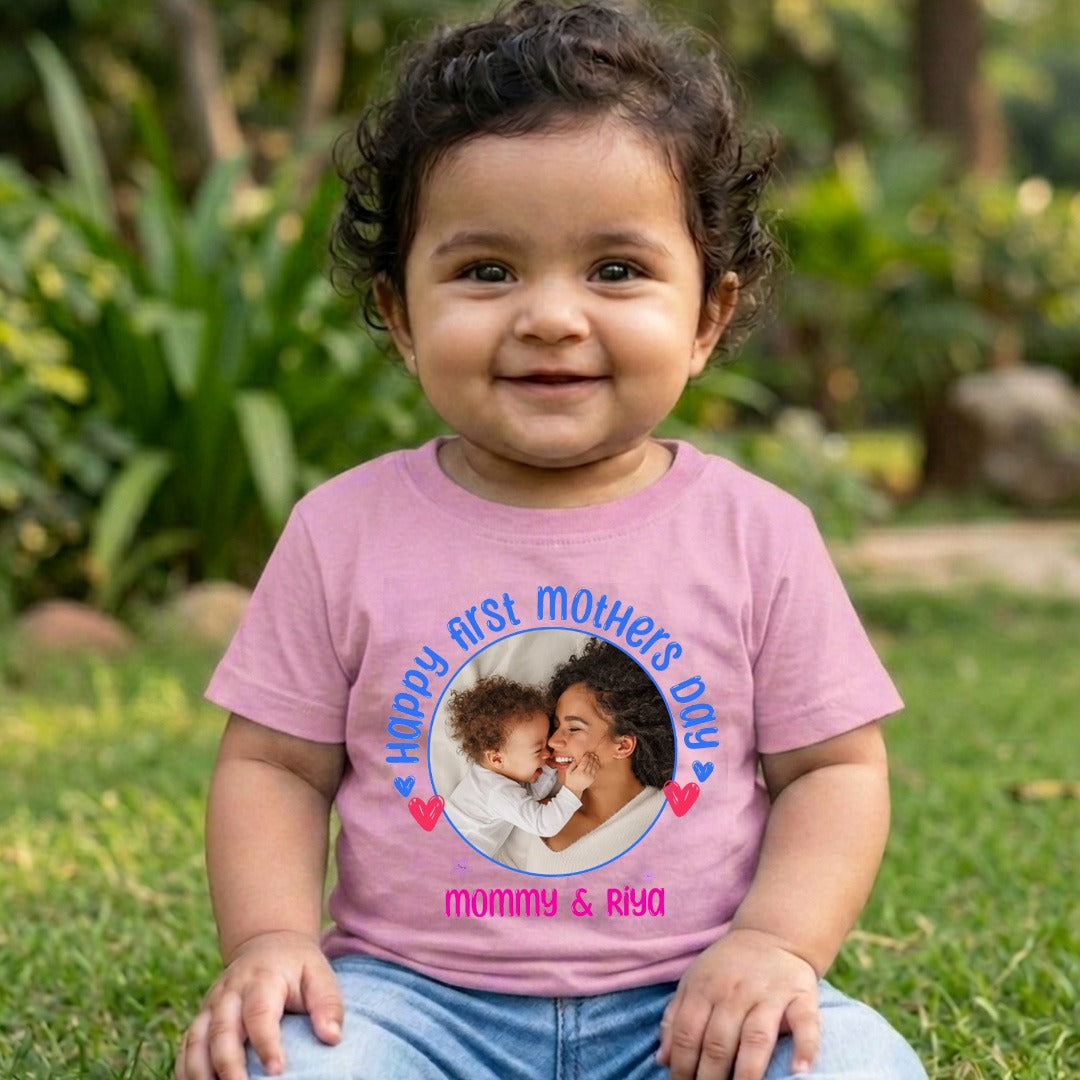 Happy First Mothers Day with baby name _pink t-shirt