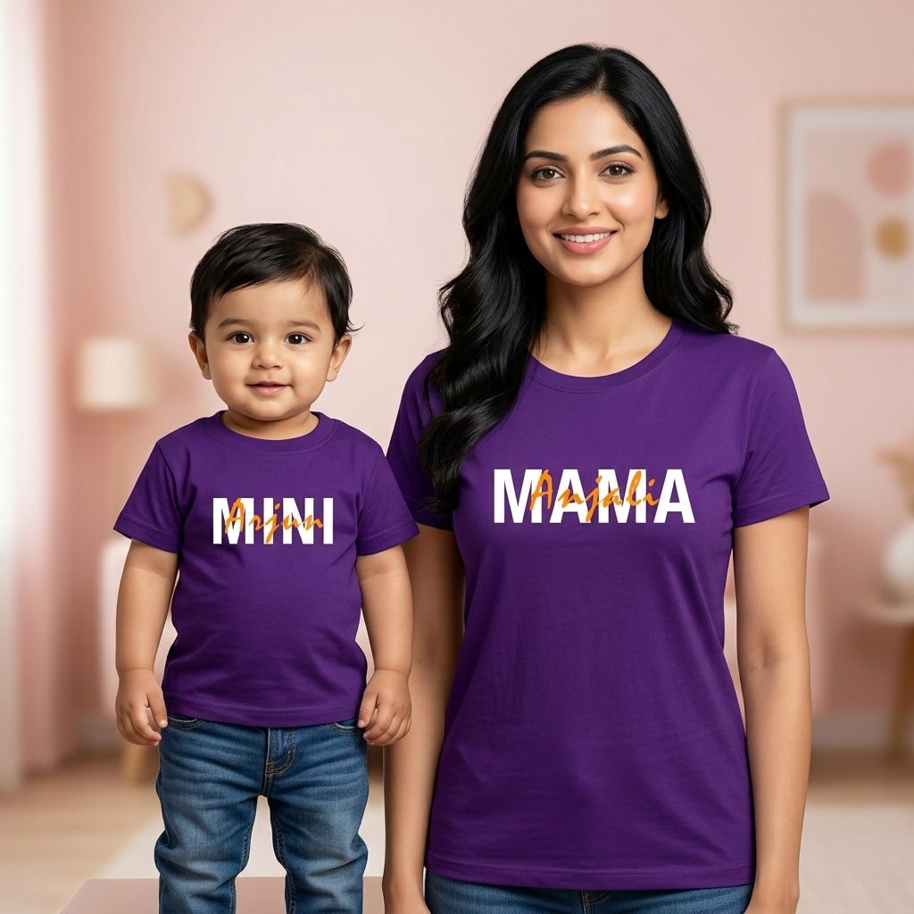 Mama & Mini With Customized Baby & Mom Name Purple T-shirt Combo