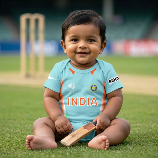 New Born & Baby clothing | Cricketer Baby Photoshoot Outfit for Baby with Customized Baby Name Printed | Soft Light Blue jersey Cotton