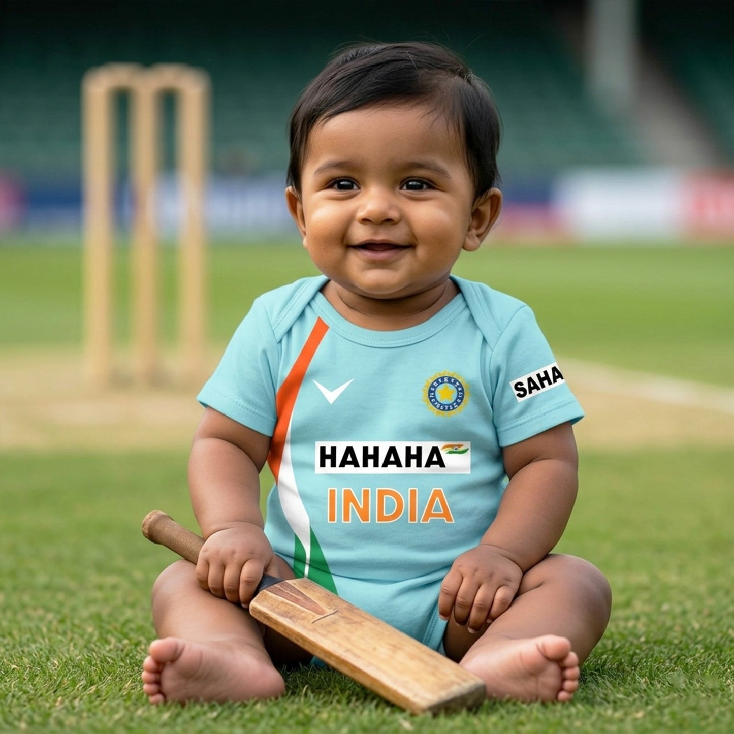 New Born & Baby clothing | Cricketer Indian jersey Inspired Baby Photoshoot Outfit for Baby with Customized Baby Name Printed | Light Blue Soft Cotton