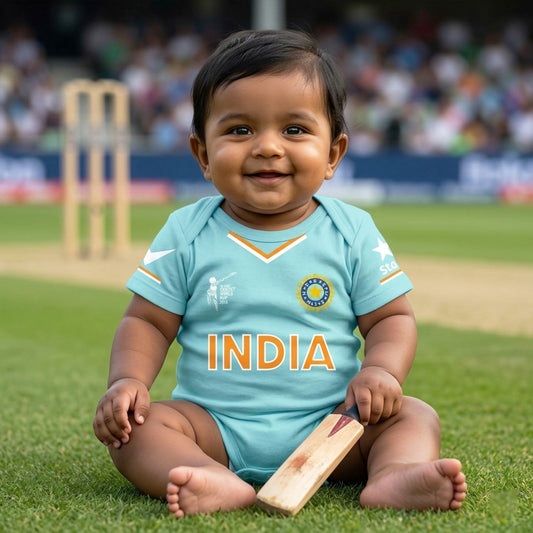 New Born & Baby clothing | Cricketer Blue jersey Baby Photoshoot Outfit for Baby with Customized Baby Name Printed | Light Blue Soft Cotton