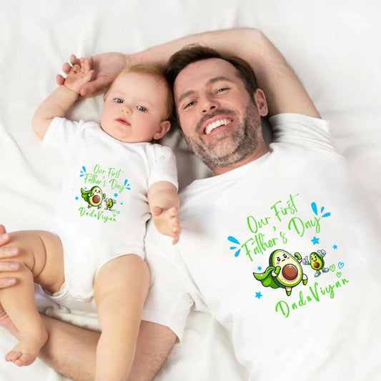 New Born & Baby Clothing | Our First Father's Day Together With Customized Baby Name Twinning | Soft White T-shirt
