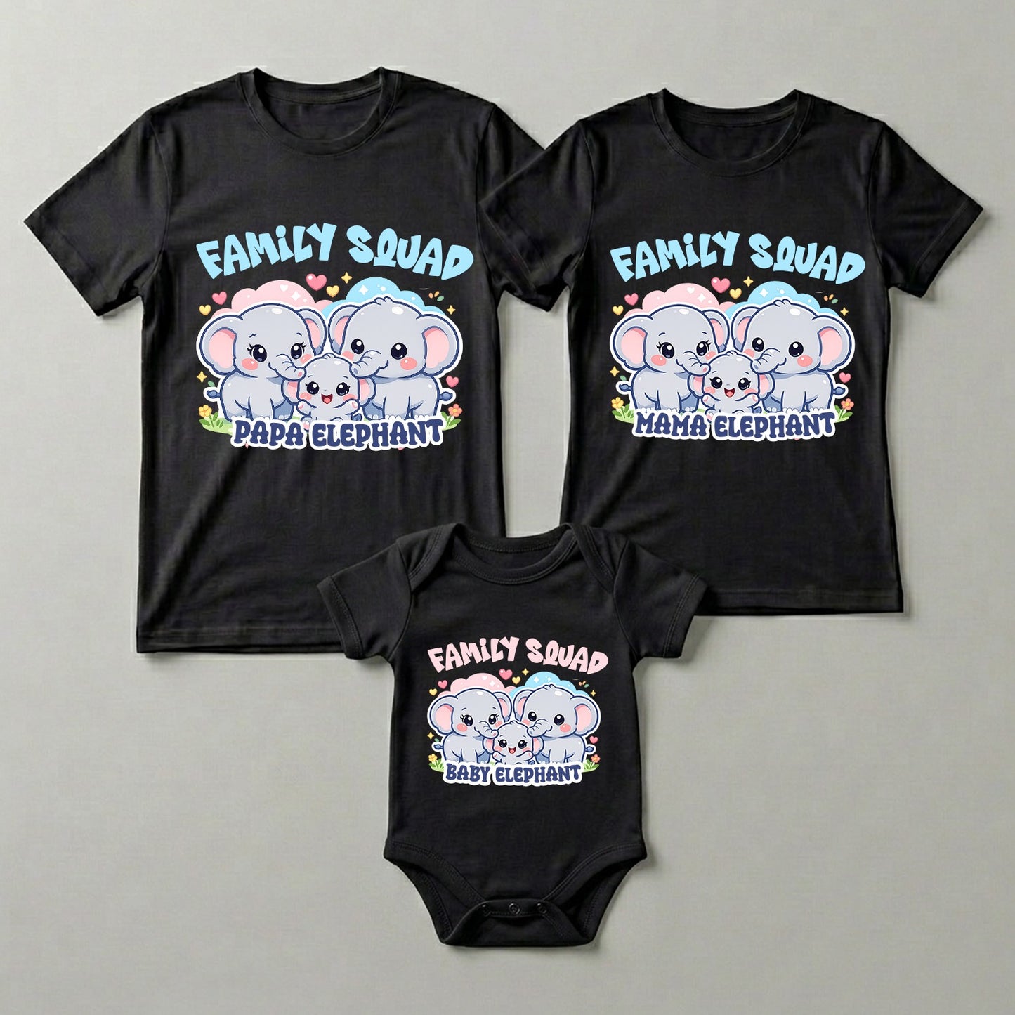 New Born & Baby Clothing | Family Squad Elephant Black T-shirts & Bodysuit Combo | Soft Cotton