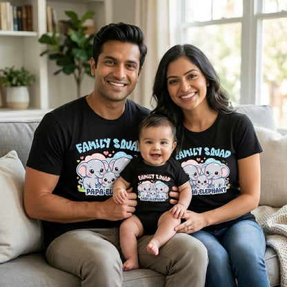 New Born & Baby Clothing | Family Squad Elephant Black T-shirts & Bodysuit Combo | Soft Cotton