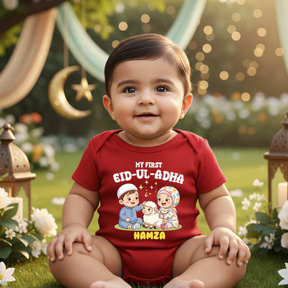 Newborn & Baby Clothing | My First EID-UL-ADHA Red Dress Romper With Personalized Baby Name | Soft Cotton
