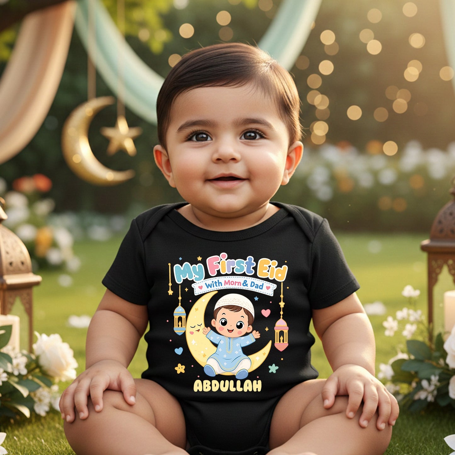 Newborn & Baby Clothing | My First Eid With Mom & Dad Dress Romper With Personalized Baby Boy Name | Soft Cotton