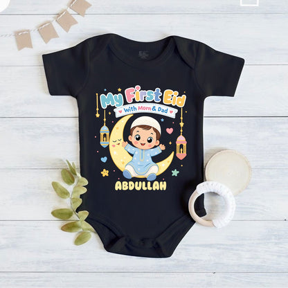 Newborn & Baby Clothing | My First Eid With Mom & Dad Dress Romper With Personalized Baby Boy Name | Soft Cotton