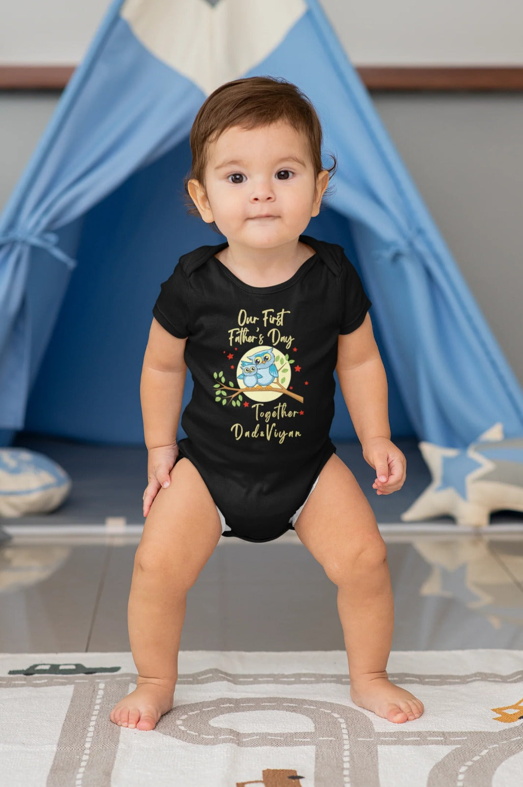 Our First Father's Day customized  baby name _black onesie