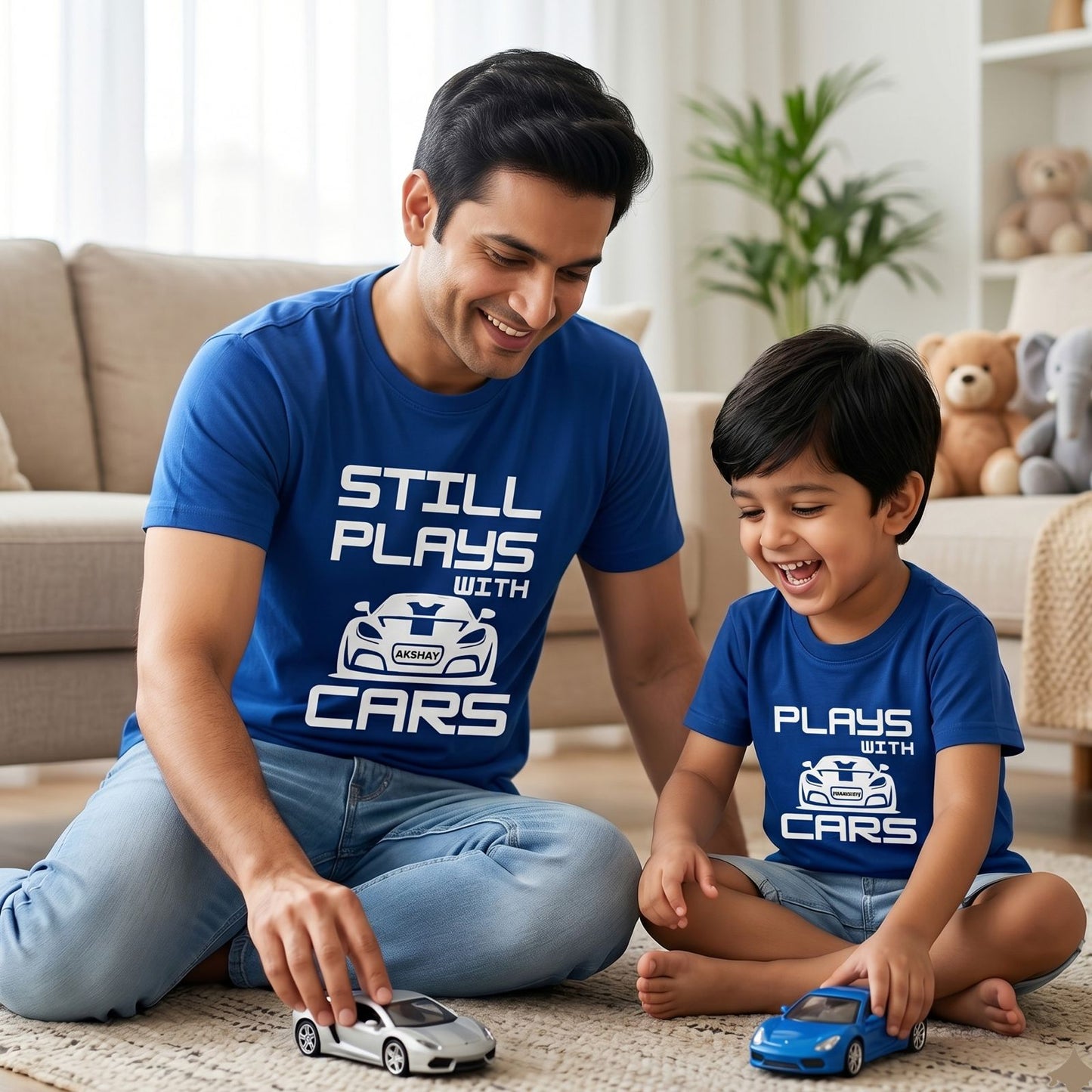 New Born & Baby Clothing | Still Plays With Cars Together Father & Son Twinning Blue Sets | Soft T-shirt