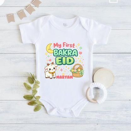Newborn & Baby Clothing | My First Bakra Eid White Dress Romper With Personalized Baby Girl Name | Soft White Cotton