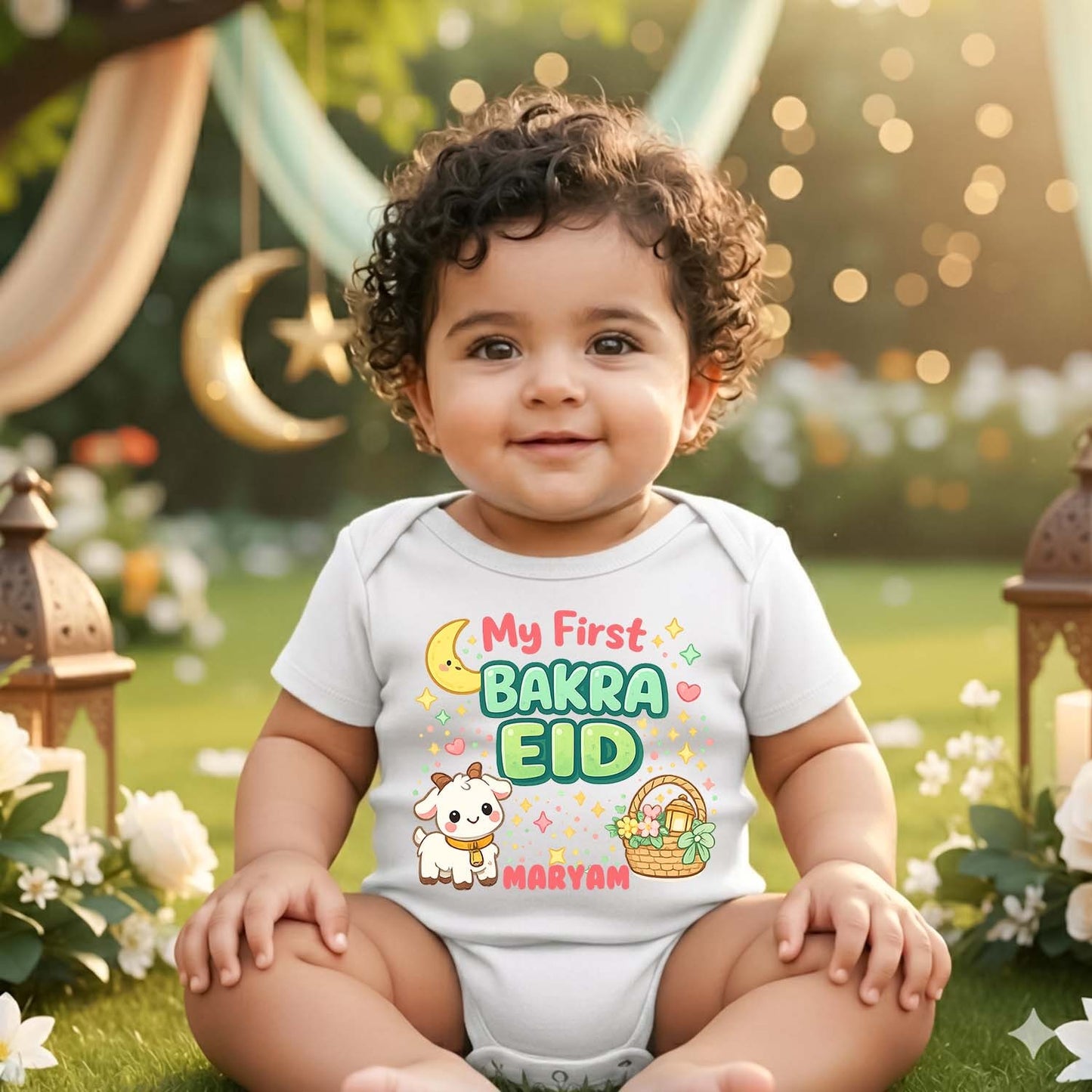 Newborn & Baby Clothing | My First Bakra Eid White Dress Romper With Personalized Baby Girl Name | Soft White Cotton