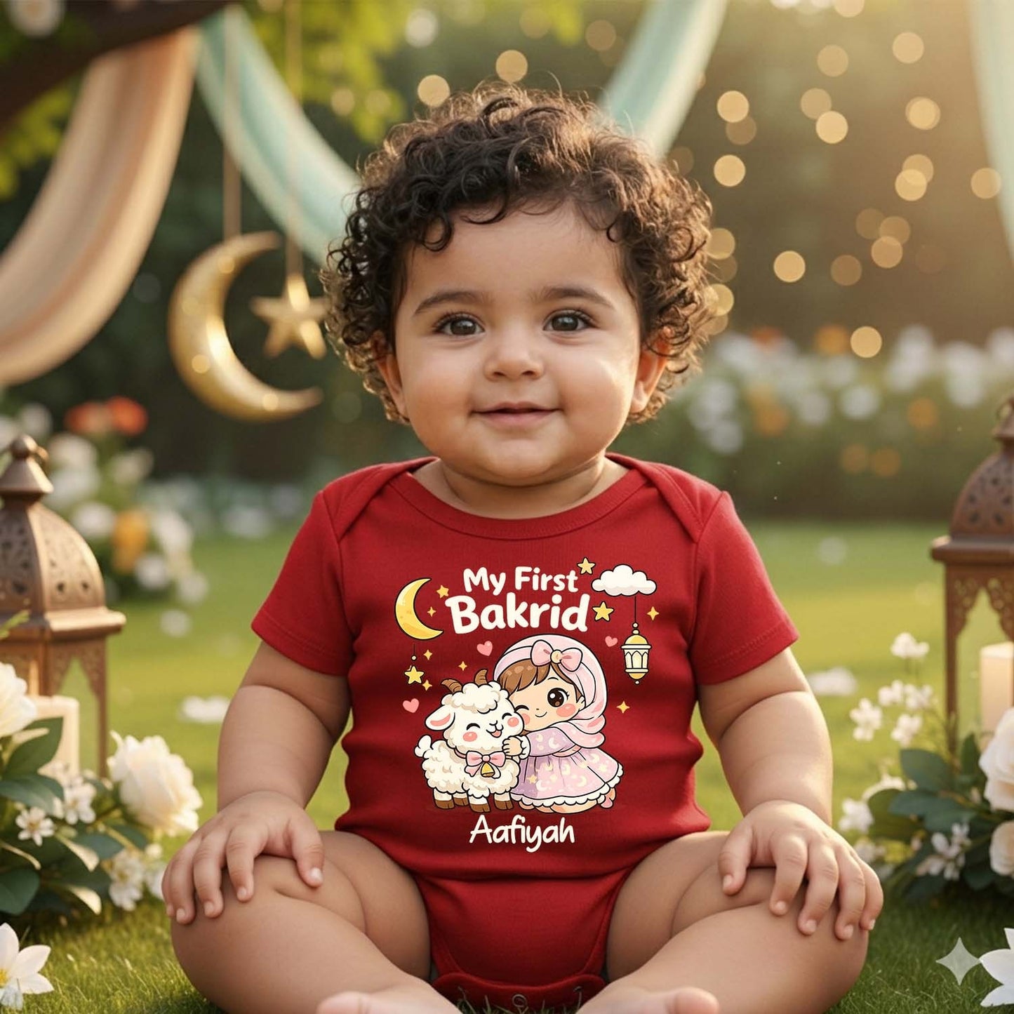 Newborn & Baby Clothing | My First Bakra Eid Red Dress Romper With Personalized Baby Name | Soft Cotton