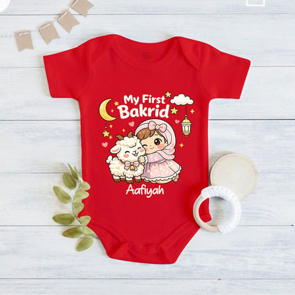 Newborn & Baby Clothing | My First Bakra Eid Red Dress Romper With Personalized Baby Name | Soft Cotton
