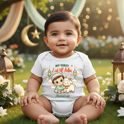 Newborn & Baby Clothing | My First Eid Ul Adha White  Dress Romper With Personalized Baby Boy Name | Soft Cotton
