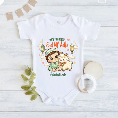 Newborn & Baby Clothing | My First Eid Ul Adha White  Dress Romper With Personalized Baby Boy Name | Soft Cotton