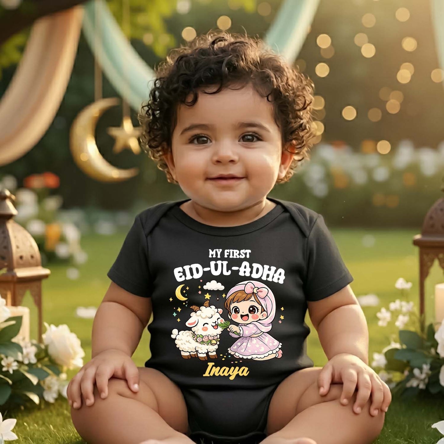Newborn & Baby Clothing | My First Eid-UL-Adha Bakrid  Dress With Personalized Baby Girl Name | Soft Black Cotton