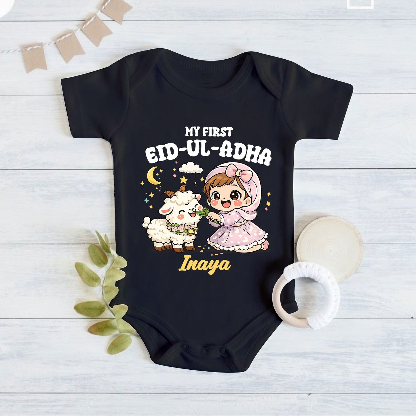 Newborn & Baby Clothing | My First Eid-UL-Adha Bakrid  Dress With Personalized Baby Girl Name | Soft Black Cotton