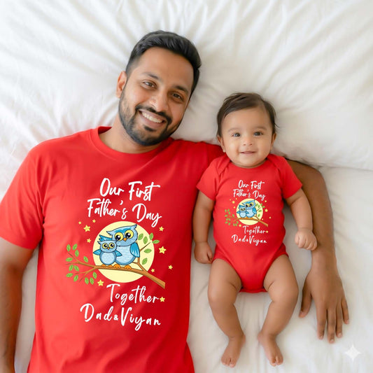 New Born & Baby Clothing | First Father's Day With Customized Baby Name Twinning Sets | Soft Red T-shirt