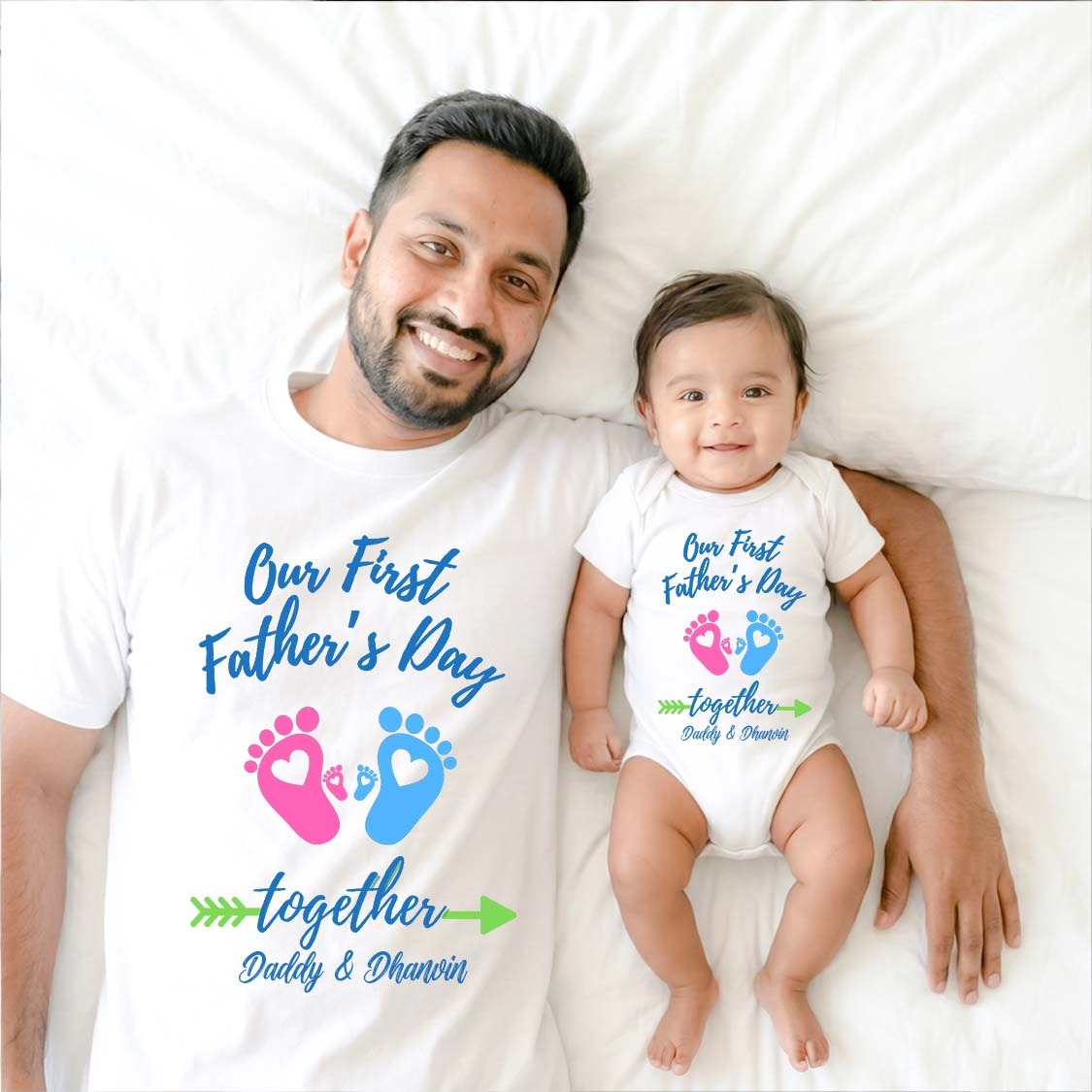New Born & Baby Clothing | Our First Father's Day Together With With Custom Baby Name  Footprints Design Combo | Soft T-shirt