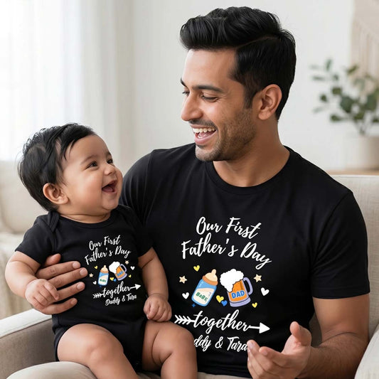 New Born & Baby Clothing | Our First Father's Day Together Twinning Sets T-shirt and onesie With Custom Baby Name | Soft T-shirt