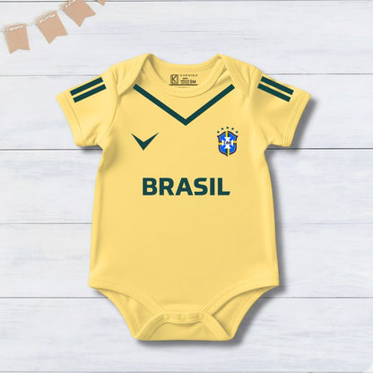 New Born & Baby clothing | Brasil Football Fan Baby Romper with Customized Baby Name Printed | Soft Yellow Cotton