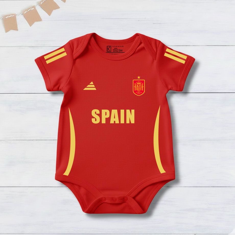 New Born & Baby clothing | Spain Football Fan Baby Romper with Customized Baby Name Printed | Soft Red Cotton