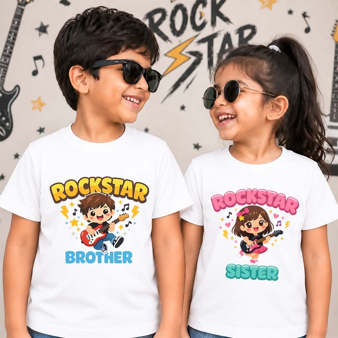 Combo pack of Rock start Brother & Sister siblings White Tees