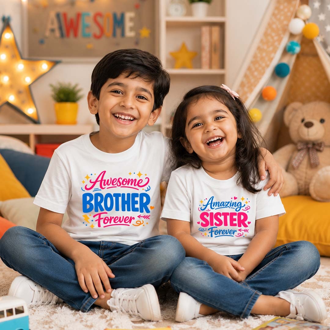 Combo pack of Awesome Brother & Sister siblings White Tees