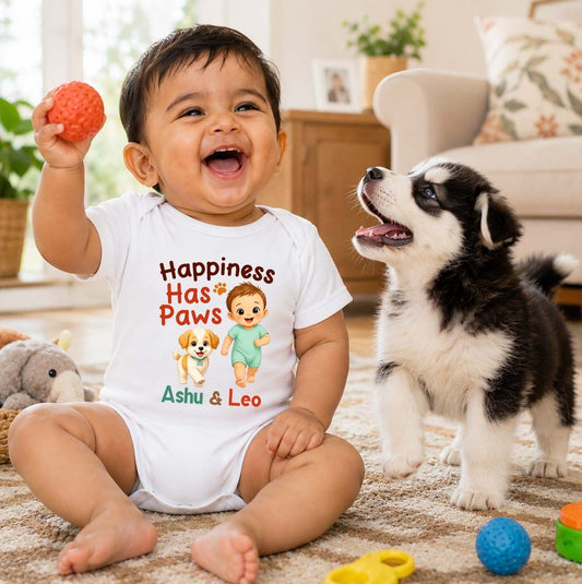 New Born & Baby Clothing | Happiness has Paws Customized Baby Name & Pet Name | Soft Cotton